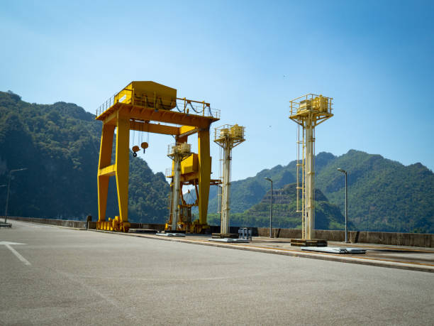 Special lifting equipment crane that open and close the dam gate stock photo