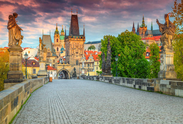 Spectacular medieval stone Charles bridge with statues, Prague, Czech Republic Majestic colorful sunrise, spectacular morning cityscape with old stone Charles bridge, (Karluv Most) on the Vltava river and famous traditional towers in background, Prague, Czech Republic, Europe charles bridge stock pictures, royalty-free photos & images