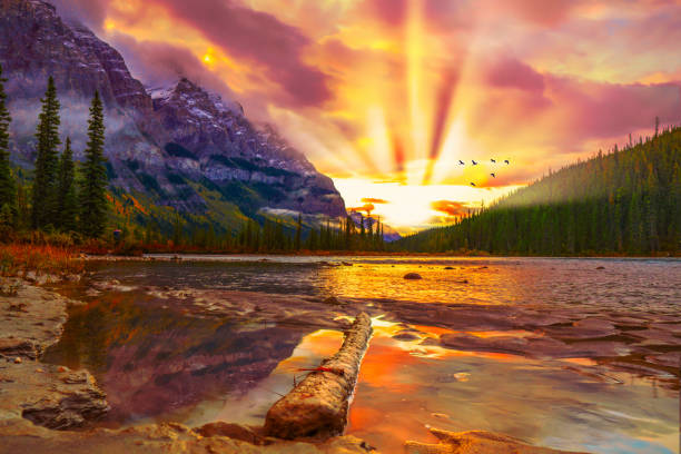 Photo of Spectacular Mountain Scene With River At Sunrise With Birds