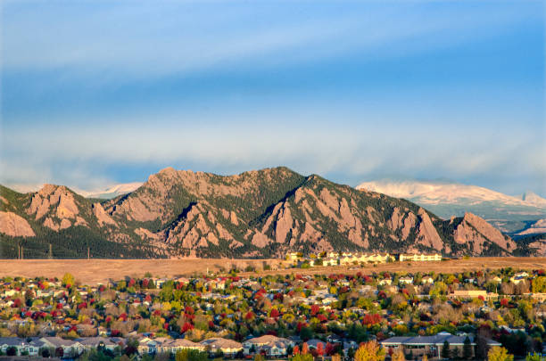 Spectacular Sunrise: Panorama of Broomfield, Colorado and the Flatiron Mountain Range Urban sprawl from the developments in Broomfield, Colorado approach the majestic range of the Flatiron Mountains. Carpenters work on a new sledding attraction at the top of Vail Mountain which overlooks the Colorado Rockies and Vail Pass. The Flatirons are rock formations in the western United States, near Boulder, Colorado, consisting of flatirons. There are five large, numbered Flatirons ranging from north to south along the east slope of Green Mountain, and the term "The Flatirons" sometimes refers to these five alone. Numerous additional named Flatirons are on the southern part of Green Mountain, Bear Peak, and among the surrounding foothills. Taken at sunrise from a height of over 100 feet in Broomfield, Colorado. boulder colorado stock pictures, royalty-free photos & images