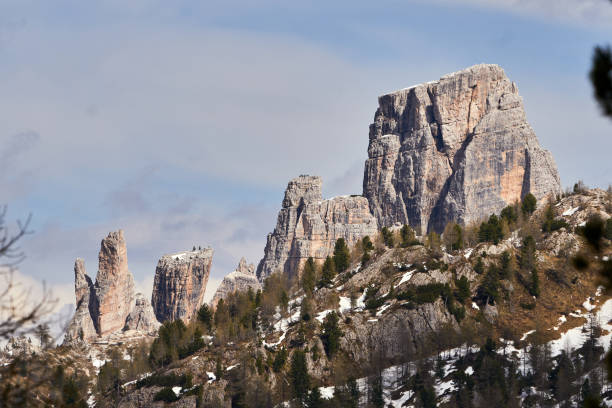Spectacular view of Cinque Torri iconic mountain of the Italian Dolomites in Europe stock photo