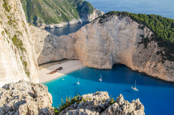 Spectacular view on Navagio sandy beach with famous shipwreck on north west coast of Zakynthos island, Greece stock photo