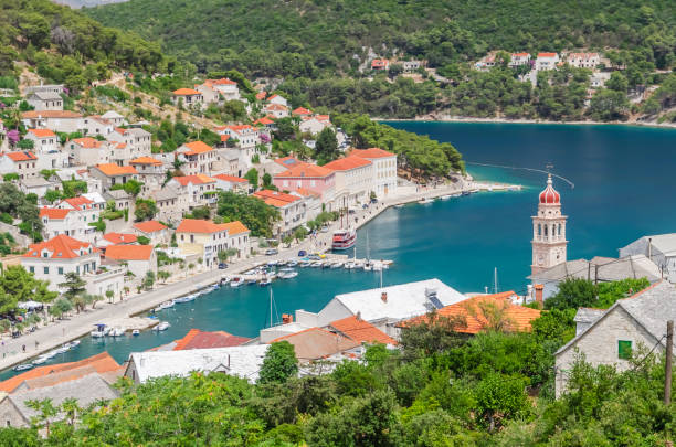 Spectacular view on Pucisca town located on the north coast of Brac island in Croatia stock photo