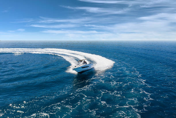 Speed boat in mediterranean sea, aerial view stock photo