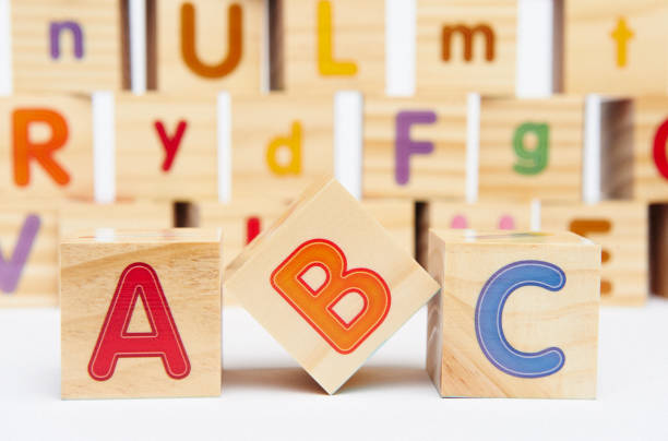 Spelling blocks toys with ABC in the foreground stock photo