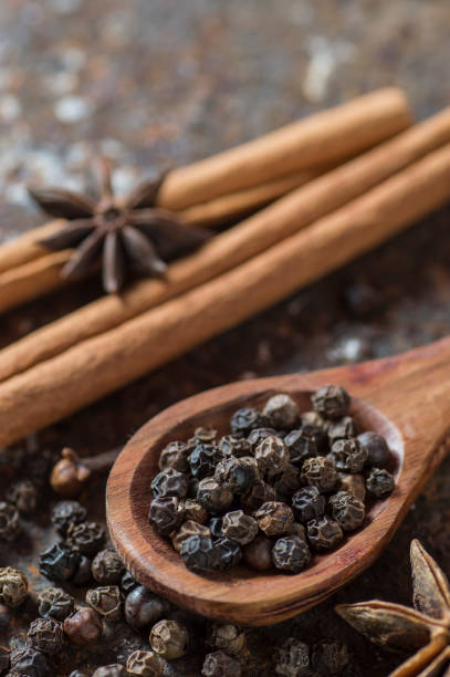 Spices and herbs. Food and cuisine ingredients. Cinnamon sticks, anise stars, black peppercorns and cardamom on a textured background. stock photo