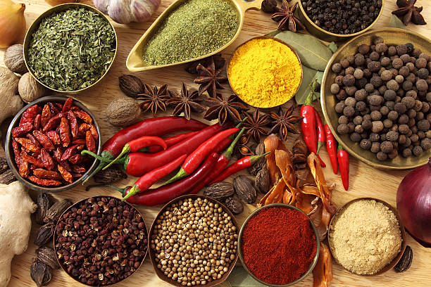 Spices and seasonings in the dishes stock photo