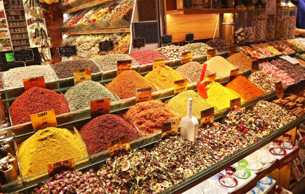 spices and teas at the egyptian market - Grand Bazaar Istanbul Turkey stock photo