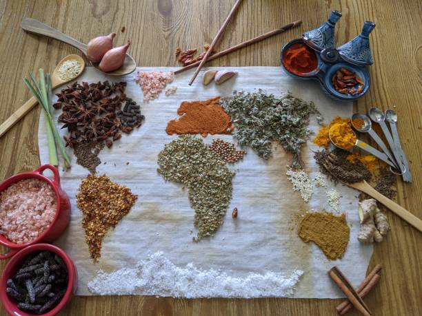 Spices Up your world World map made with spices from all around the world spices of the world stock pictures, royalty-free photos & images