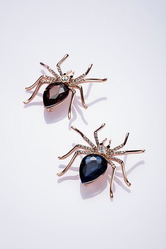 Spider brooches on white background