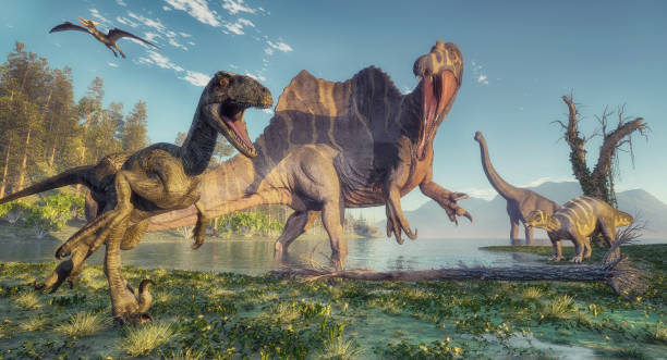 Spinosaurus and deinonychus in the jungle. This is a 3d render illustration. stock photo