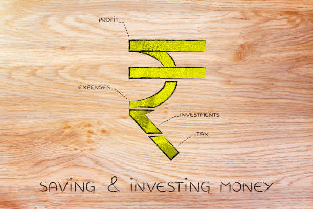 split rupee currency symbol with budgeting captions, saving & investing money stock photo