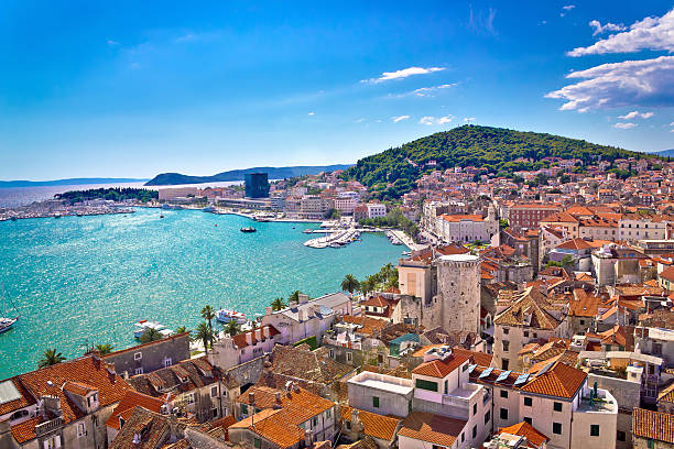 Split waterfront and Marjan hill view Split waterfront and Marjan hill aerial view, Dalmatia, Croatia croatia stock pictures, royalty-free photos & images