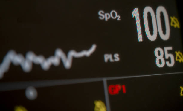 SpO2 on patient monitor stock photo spo2, pulse trace, oxygen saturated color stock pictures, royalty-free photos & images