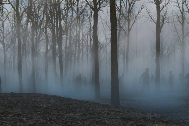 Spooky foggy forest full of walking dead zombies Spooky foggy forest full of walking dead zombies. This is entirely 3D generated image. zombie stock pictures, royalty-free photos & images