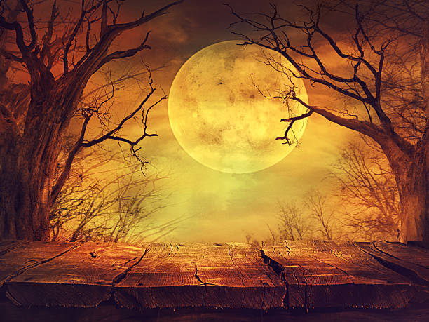 Spooky forest with full moon and wooden table stock photo