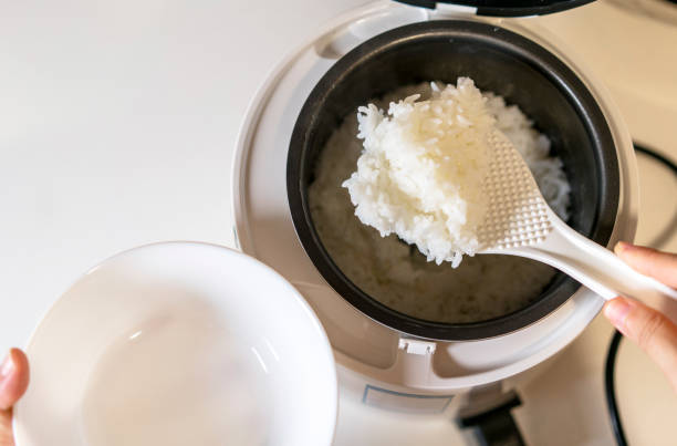 spooning rice from electric cooker stock photo