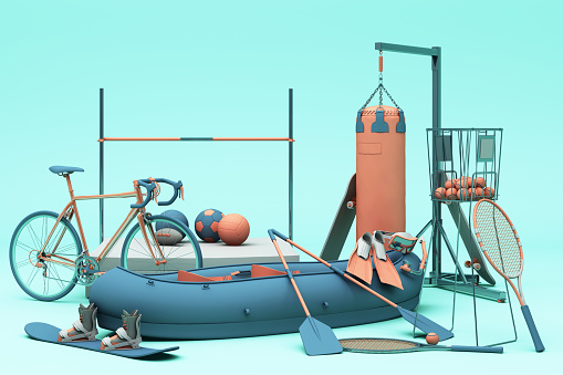 Sport equipments on green background. 3d rendering
