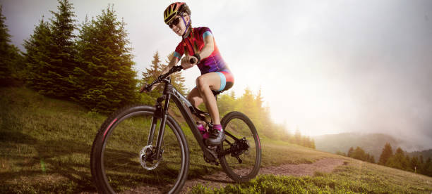 Sport. Mountain Bike cyclist riding single track. stock photo