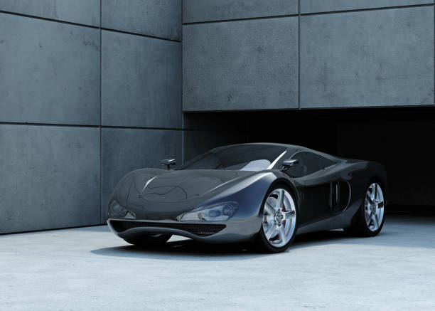 Sports Car A black car parked in front of a concrete wall. This car is designed and modelled by myself. Very high resolution 3D render. luxury car stock pictures, royalty-free photos & images