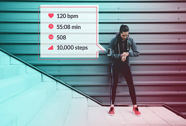 Sportswoman infographic Infografic of a sporswoman who's using her smart watch. infographic photos stock pictures, royalty-free photos & images