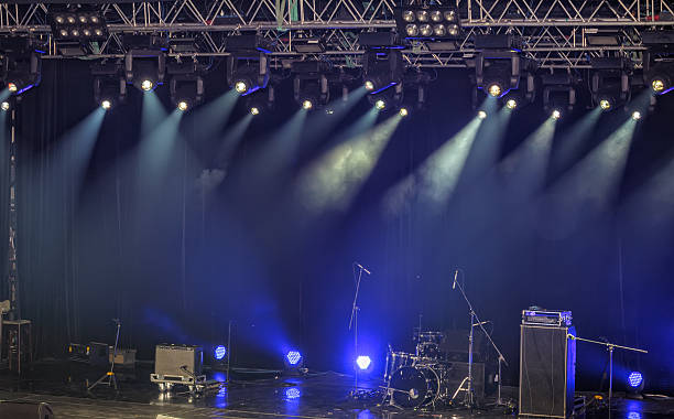 Spotlights and illumination on stage with sound equipment stock photo