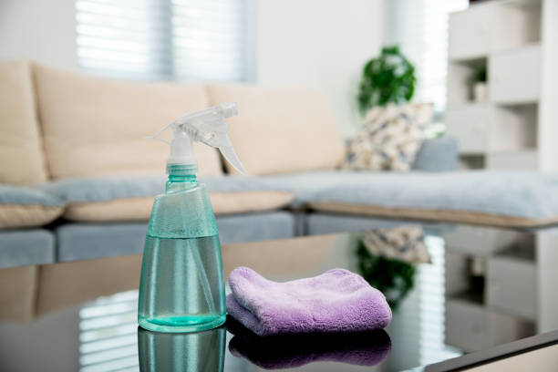 Spray bottle and rag on the table stock photo