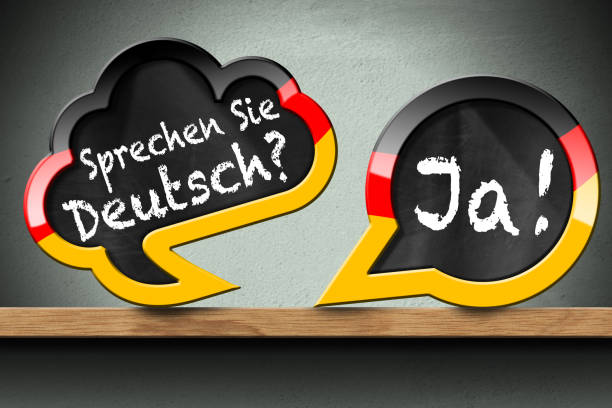 Sprechen Sie Deutsch and Ja - Two Speech Bubbles on Wooden Shelf 3D illustration of two speech bubbles with German flag and question, Sprechen Sie Deutsch? and Ja! (Do you speak German? and Yes!). On a wooden shelf with a wall on background. german language stock pictures, royalty-free photos & images
