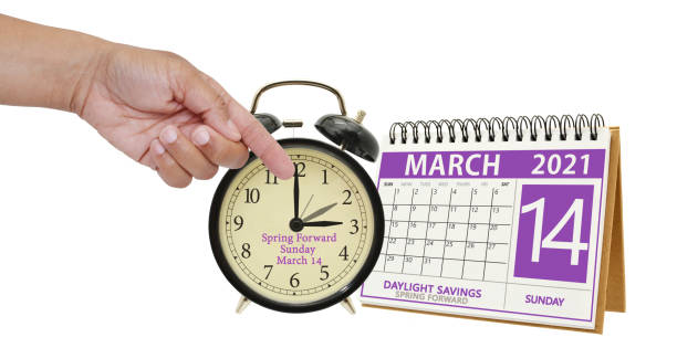 Spring Forward Spring Forward Daylight Savings Time Calendar and finger pointing to clock daylight savings 2021 stock pictures, royalty-free photos & images