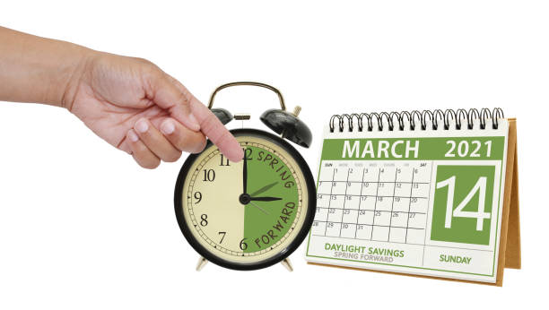 Spring Foward Spring forward Day light savings Time Alarm clock and calendar daylight savings time 2021 stock pictures, royalty-free photos & images