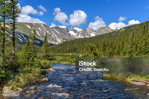 istock Spring Mountain Creek - South Saint Vrain Creek at Long Lake, with Indian Peaks towering in background, on a sunny Spring morning in Indian Peaks Wilderness. 1361772347