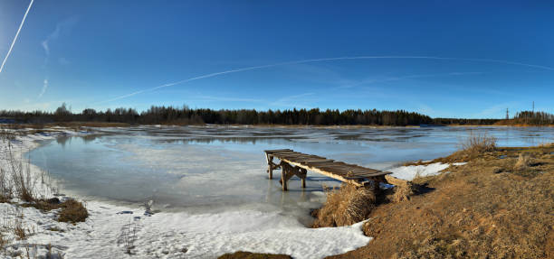Photo of Spring panorama with melting ice on the lake