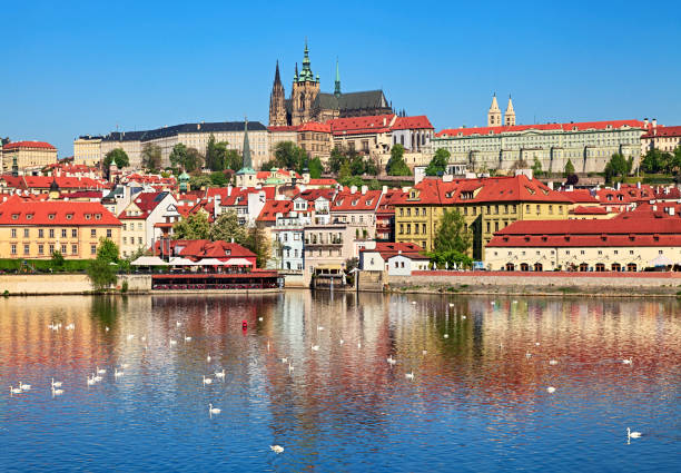 Spring Prague view Prague old town and Vltava river spring view hradcany castle stock pictures, royalty-free photos & images
