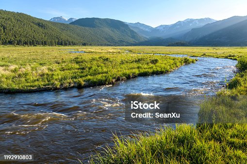 istock Spring Sunset at Big Thompson River - Evening sun shines on rushing Big Thompson River at Moraine Park in Rocky Mountain National Park, Colorado, USA. 1192910803