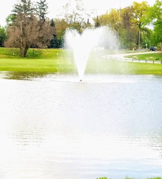 Springing Fountain in the Middle of a Beautiful Pond at Park stock photo