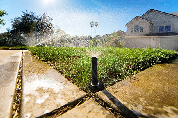 Sprinklers Low Low angle sprinklers in action. irrigation equipment stock pictures, royalty-free photos & images