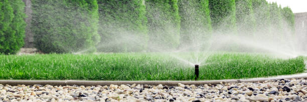Sprinklers watering grass stock photo