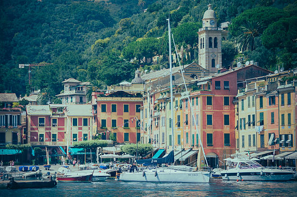 Square of the center of Portofino village on Ligurian coast stock photo