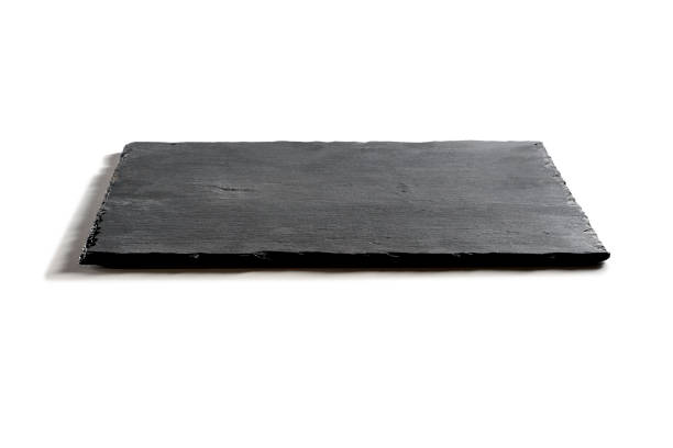 Square plate in black slate Square empty plate in black slate isolated on white background slate rock stock pictures, royalty-free photos & images