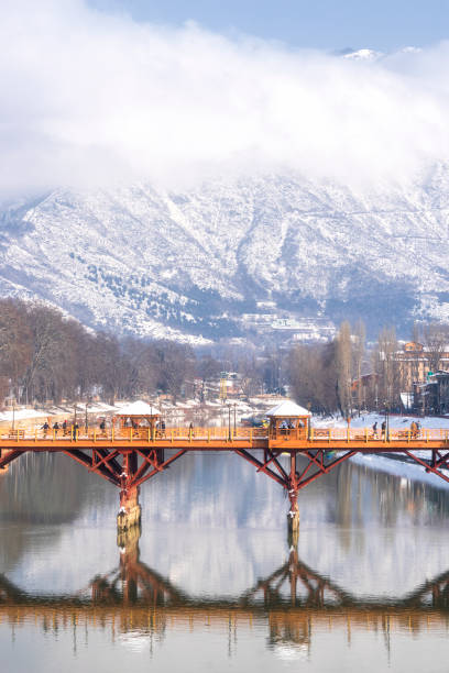 Srinagar Kashmir Beautiful scenery of Zero bridge with Himalaya mountain covered with snow in the background. lamayuru stock pictures, royalty-free photos & images