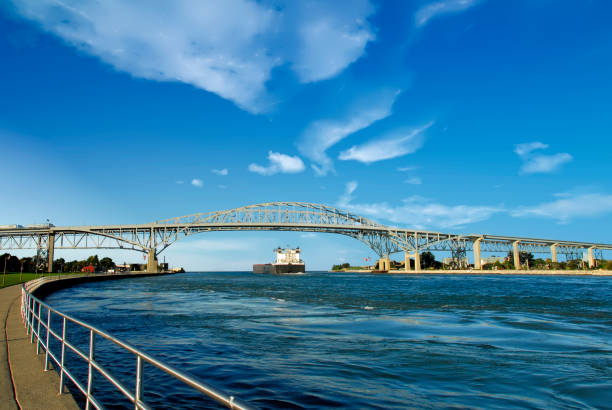 St Clair River bridge-US to Canada-gateway to Lake Huron- Port Huron , Michigan stock photo