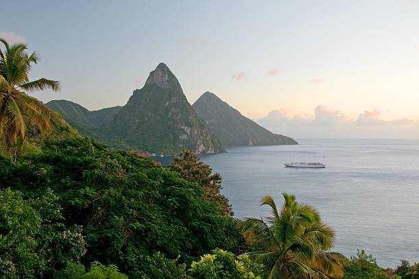 St. Lucia's Twin Pitons at Sunset stock photo