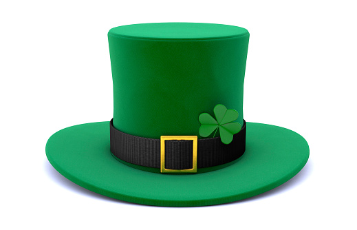 St. Patrick's Day. Green Leprechaun Hat with Clover. isolated on white background. 3d render.