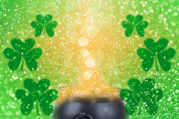 St Patrick’s Day leprechaun pot of gold shamrock Patty background stock photo
