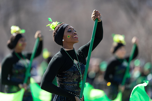 Chicago, Illinois, USA - March 16, 2019: St. Patrick's Day Parade, The Hoover High School Marching Band Performing at the parade