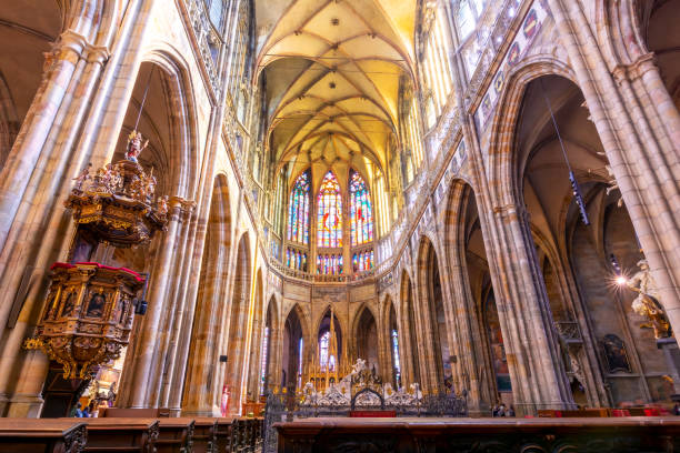 St. Vitus Cathedral interiors in Prague Castle, Czech Republic Prague, Czech Republic - May 2019: St. Vitus Cathedral interiors in Prague Castle hradcany castle stock pictures, royalty-free photos & images