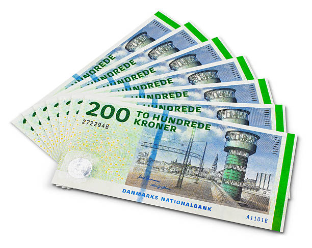 Stack of 200 Danish krone banknotes stock photo