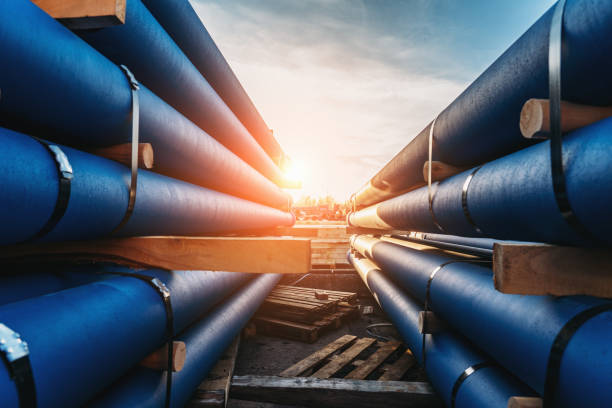 Stack of Cast iron pipes for sewerage ready for transportation and logistic stock photo