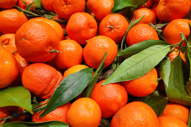 Stack of clementines on a market stall stock photo