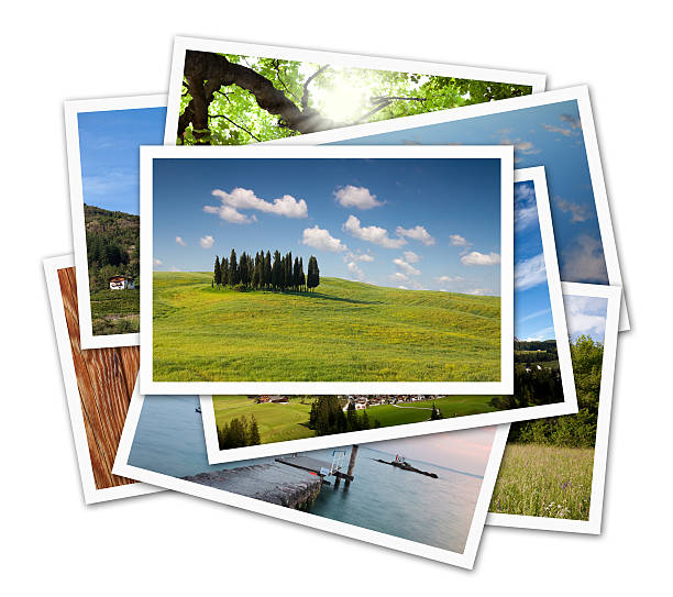 stack of nature and holiday photos stack of nature and holiday photos with empty on top - on white background with drop shadow. clipping path included for the photo on top and for the entire stack for easy inclusion of your own photo. heap photos stock pictures, royalty-free photos & images